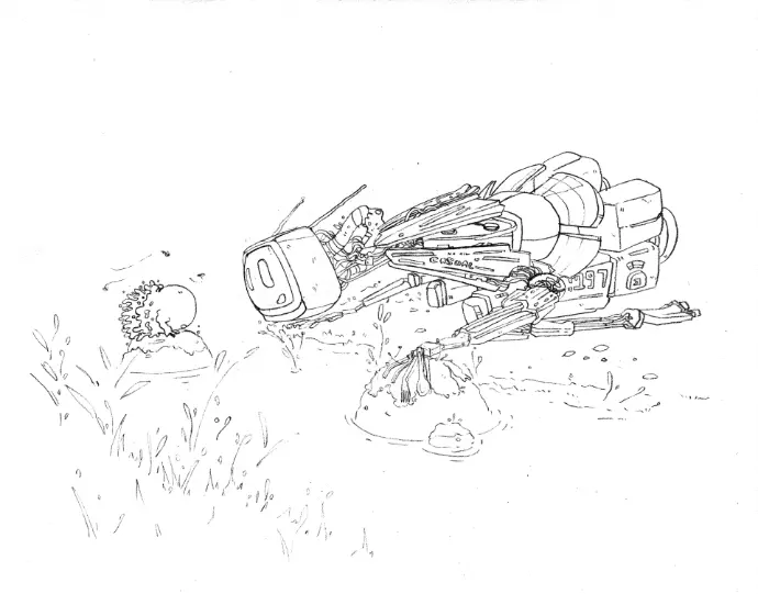 un robot de pièces recomposés regarde curieusement un étrange animal